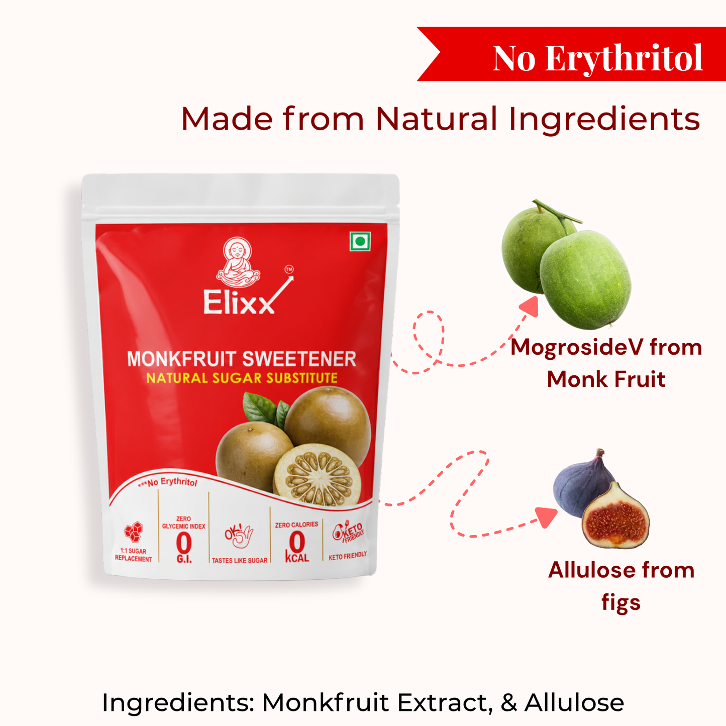 ElixX Monk Fruit Sweetener – Natural Sugar Substitute | No Erythritol