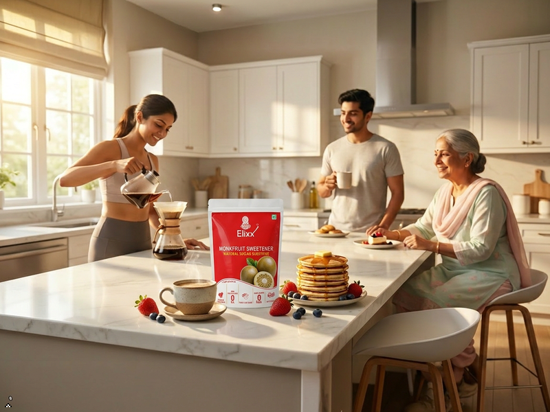 A family of three shares a breakfast in a bright, modern kitchen. In the foreground, a red box of ElixX Monkfruit sweetener, and Homemade Sweets sits on a white marble kitchen island, surrounded by pancakes, fresh strawberries, blueberries, and a coffee maker.