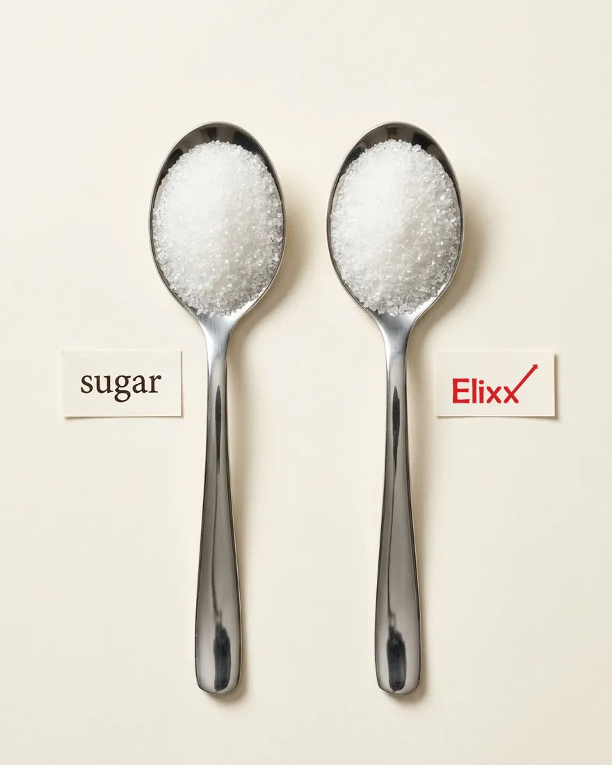 A spoon of sugar next to a spoon of ElixX — they look the same